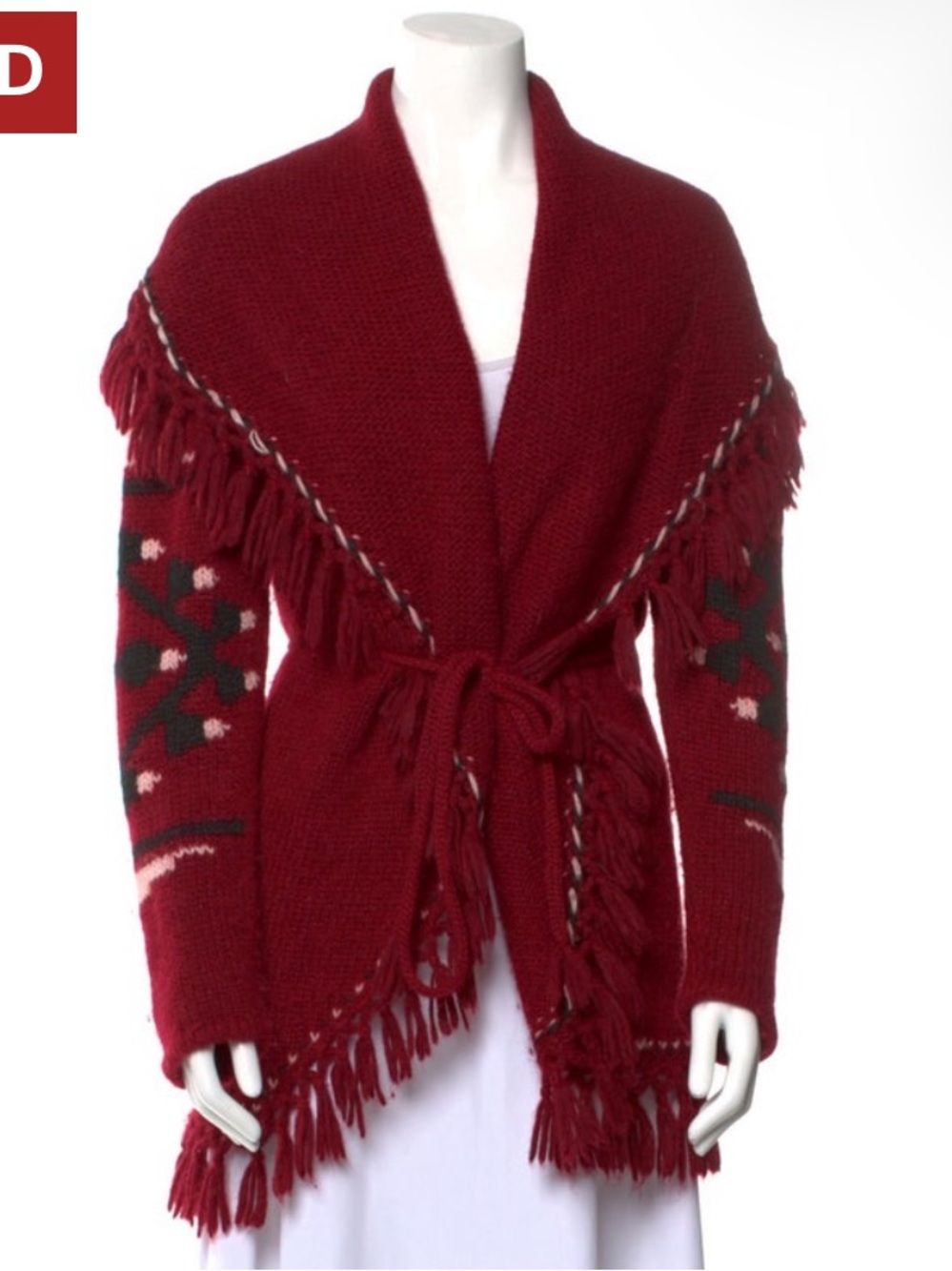 LoveShackFancy Western Fringe Baby Alpaca Cardigan Chunky Knit Sweater Red XS